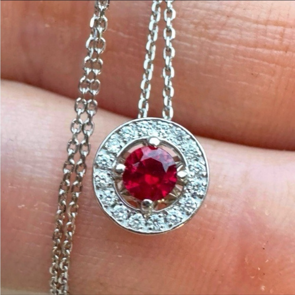 Vintage Blood Ruby/Diamond Solid Platinum Pendant Necklace